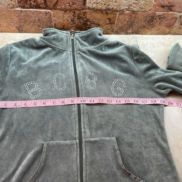BCBGMAXAZRIA Velour Jacket Rhinestone Pockets Zipper Long Sleeve Green Size L - Picture 8 of 14